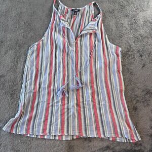 Chaps Denim Womens Large Striped Sleeveless Tank Top Tassel Tie Blue Red Gauze